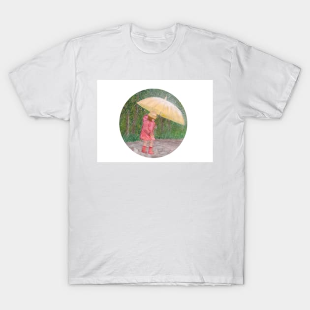 Girl walking in the rain and having fun with the water puddles T-Shirt by Daranem